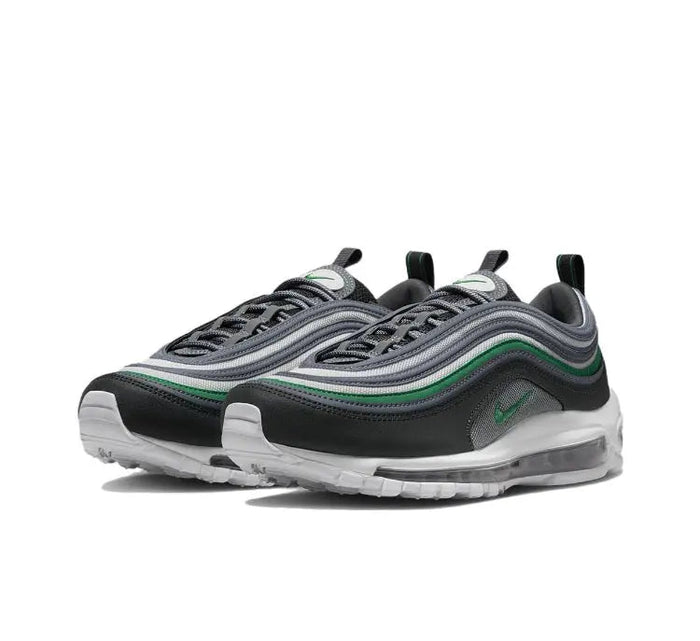 Air Max 97 sneaker 3/4 view with grey overlays, green swoosh and air sole