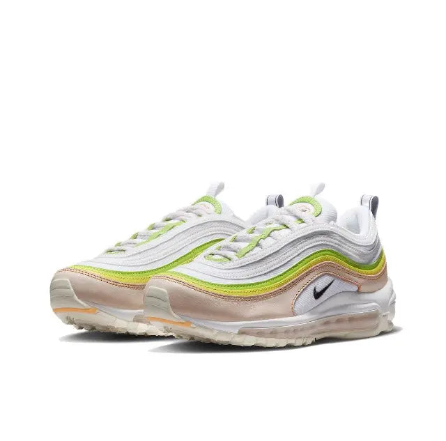 Running sneakers side view, white upper with neon green lines, beige toe and clear sole