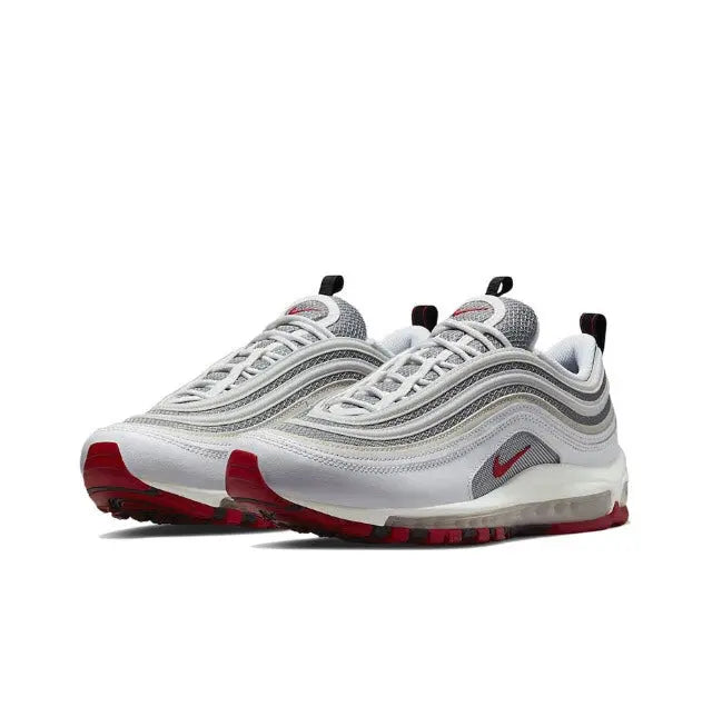 Air Max 97 sneakers front view, white/gray knit with red Swoosh and outsole