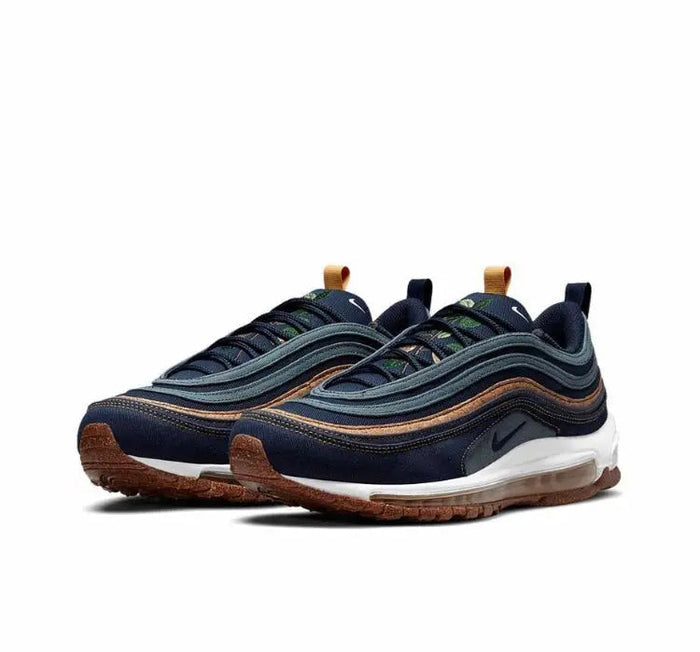 Front view running shoes in dark navy with white midsole, brown outsole, orange-tan lace accents