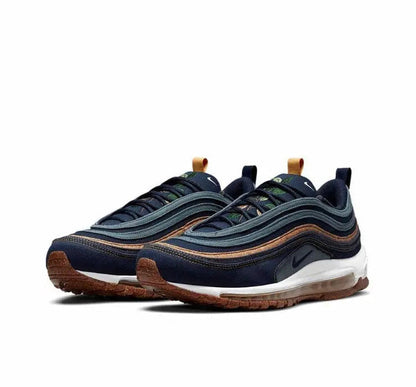 Front view running shoes in dark navy with white midsole, brown outsole, orange-tan lace accents