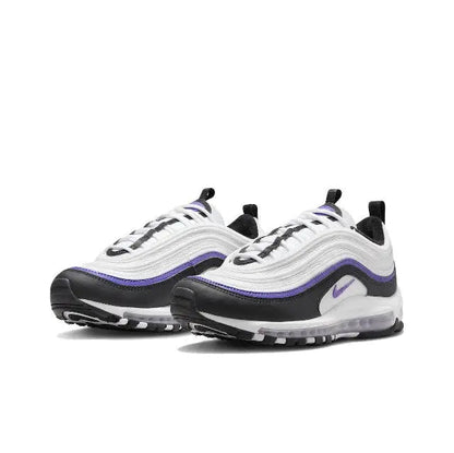 Pair of running sneakers, white and black uppers with purple piping, lace-up style