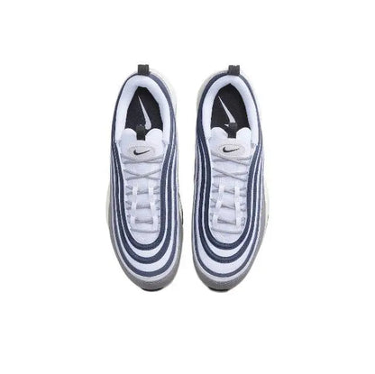 Nike Air Max 97 sneakers front view with white laces, navy trim, and gray toe
