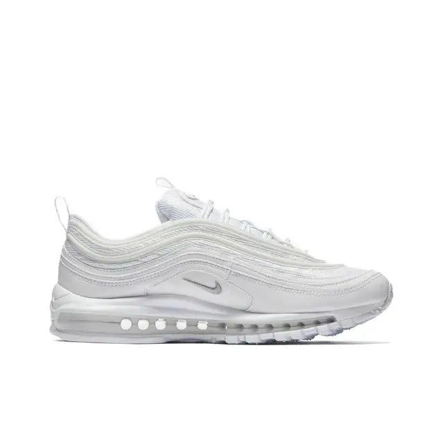 Nike Air Max 97 side profile, light gray/white textured upper, Air sole dots, Swoosh.