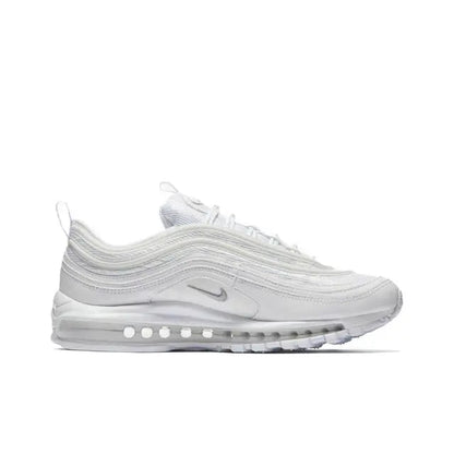 Nike Air Max 97 side profile, light gray/white textured upper, Air sole dots, Swoosh.