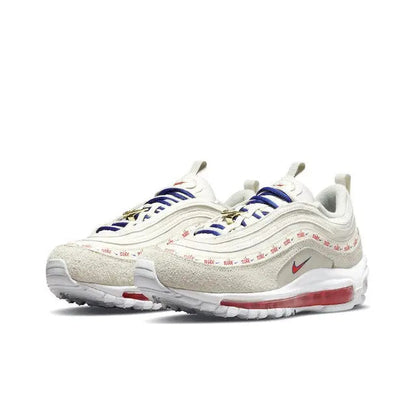 Off-white running sneaker with blue laces, red underlay, and visible Air unit