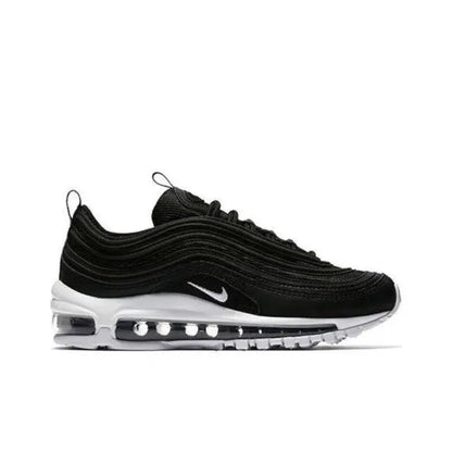 Black low-top sneaker side view with Nike swoosh and clear Air cushioning