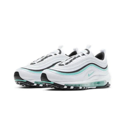 Air Max 97 sneaker side view, white mesh with teal stripe and Air unit