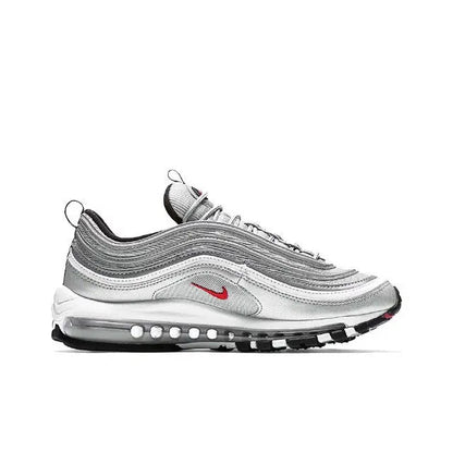 Metallic silver running sneaker with red swoosh, black outsole, and Air Max bubbles