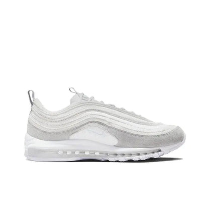 White lace-up running sneaker with wavy side panels and clear air-cushion midsole