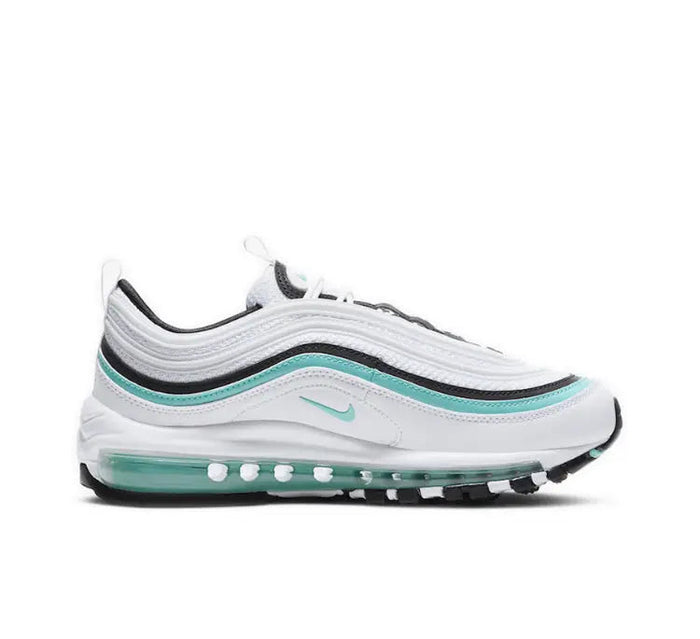 Air Max 97 sneaker quarter view, white upper with teal Swoosh and black collar