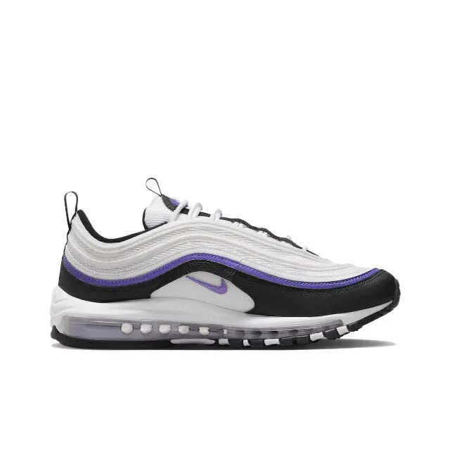 Side view running sneakers, white upper with purple wave stripe, black toe cap
