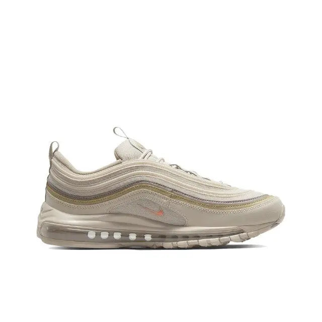 Nike Air Max 97 side profile in cream, wavy paneling and visible Air unit