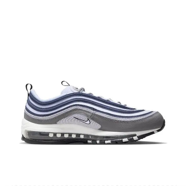 Nike Air Max 97 side view with gray upper, navy waves, white midsole, and Air unit