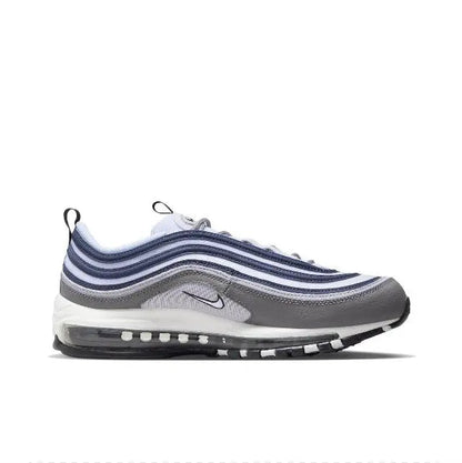 Nike Air Max 97 side view with gray upper, navy waves, white midsole, and Air unit