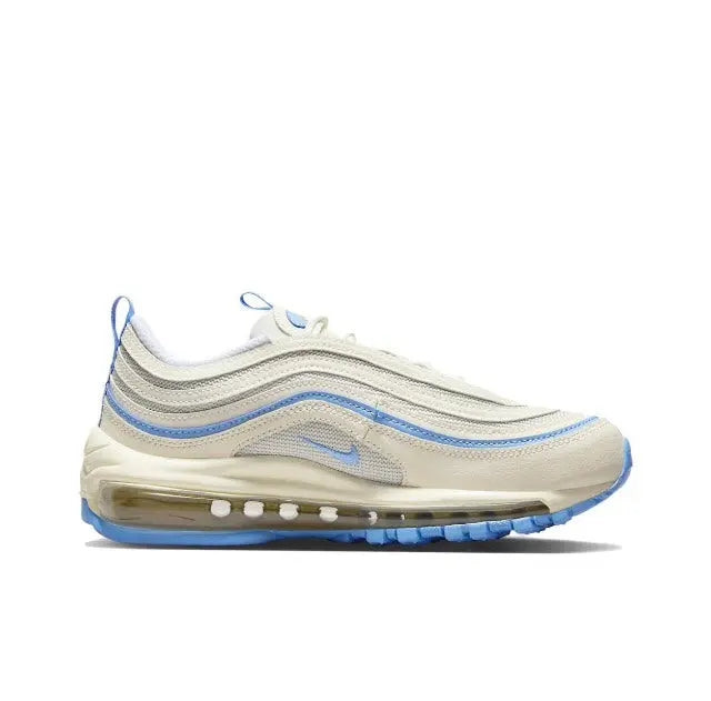 Nike Air Max 97 sneaker side view in sail and light blue with air bubble sole