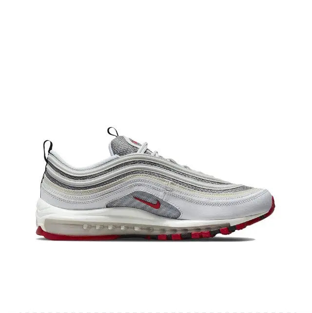 Air Max 97 sneakers side view, white/gray upper with red Swoosh and red sole