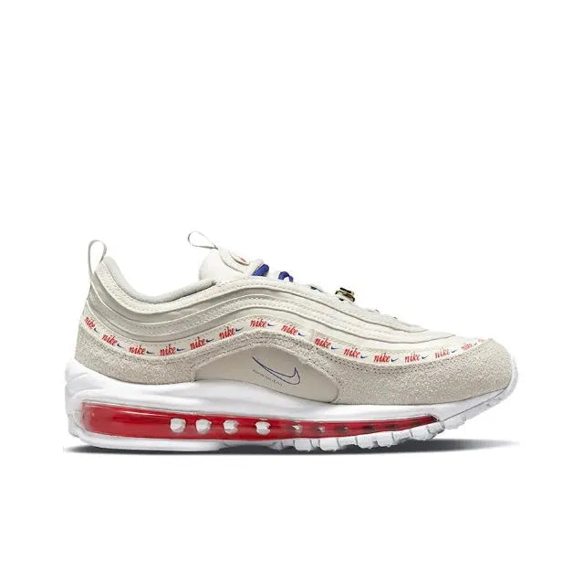 Cream running sneaker side view with red Air unit window and blue lace accents