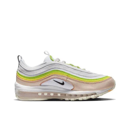 Running sneaker side profile, white with neon green/yellow wave trim and black swoosh