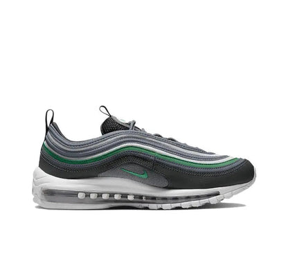 Air Max 97 sneaker side profile with green wave trim and cushioned air sole