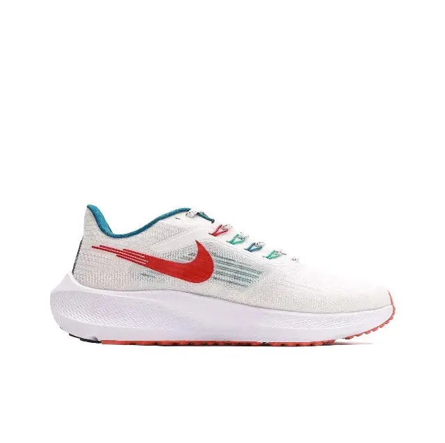 White Nike running shoe with red Swoosh and teal accents, lace-up mesh upper