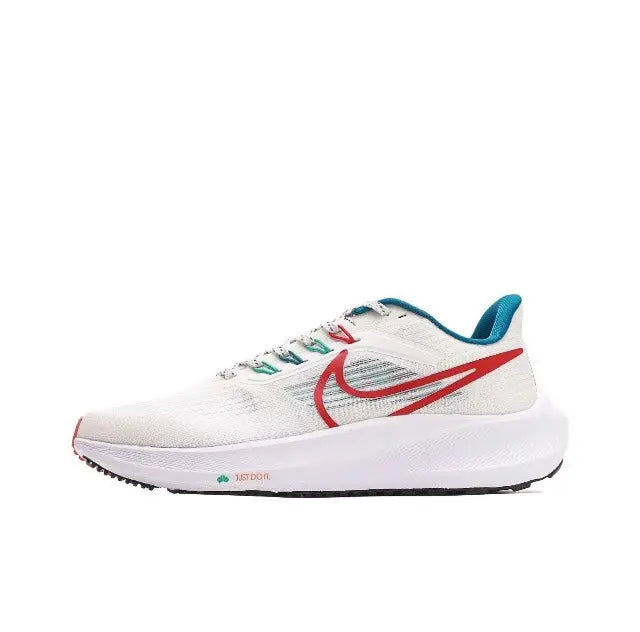White Nike running shoe front quarter view with red Swoosh, teal trim, lace-up