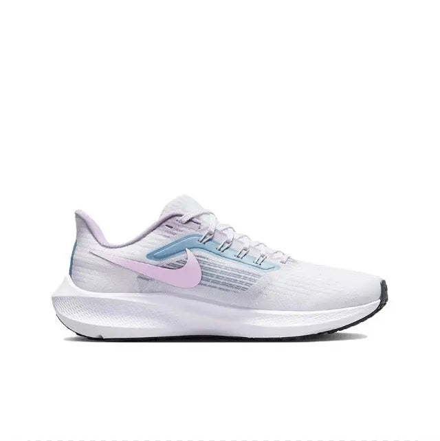 Nike Air Zoom Pegasus 39 sneakers, white upper with pink Swoosh and blue accents