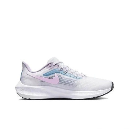 Nike Air Zoom Pegasus 39 sneakers, white upper with pink Swoosh and blue accents