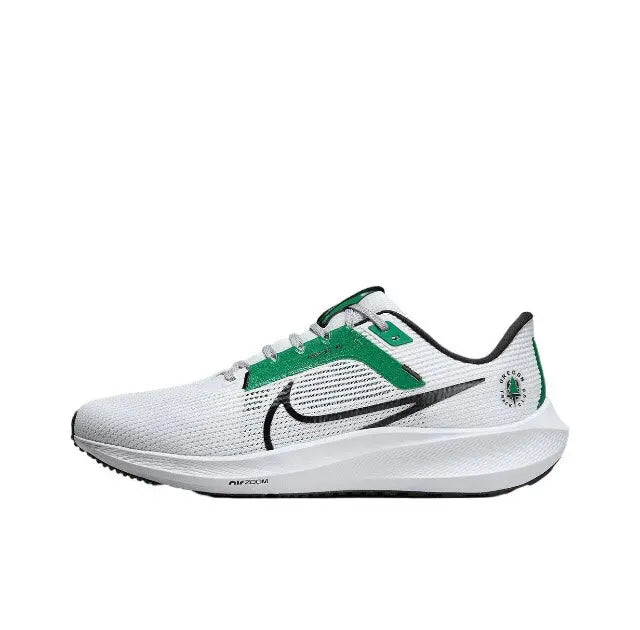 Nike Air Zoom Pegasus 40 running shoe, white mesh with green accents and black swoosh