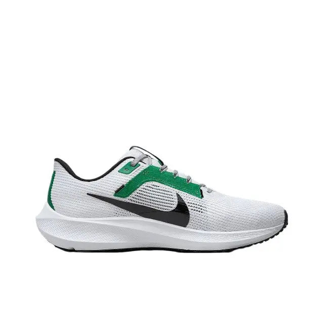 Side profile of white mesh running shoe with green panel and black swoosh