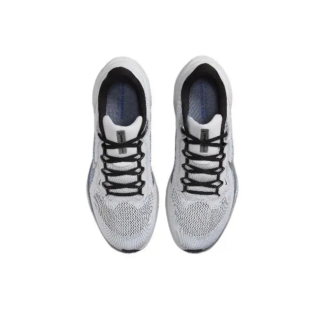 Nike Air Zoom Pegasus 41 lace-up top view, grey mesh with black eyelets