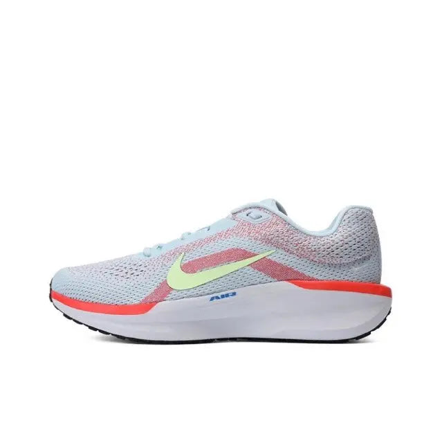 Nike running shoe, light blue knit with neon yellow swoosh and red-orange sole