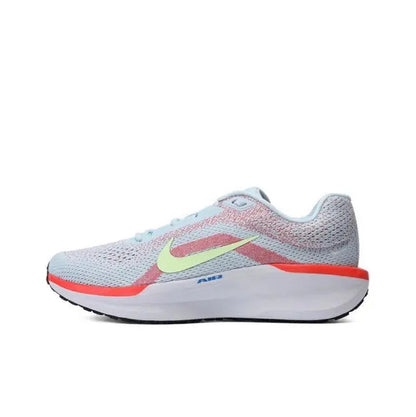 Nike running shoe, light blue knit with neon yellow swoosh and red-orange sole