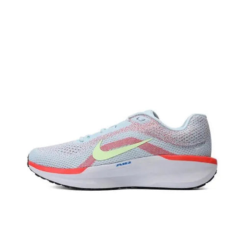 Nike running shoe, light blue knit with neon yellow swoosh and red-orange sole