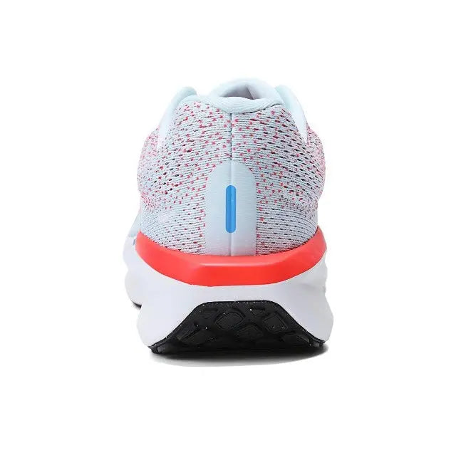 Nike running shoe heel, light blue knit with blue tab and red-orange midsole