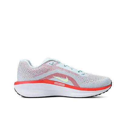Nike running shoe side view, light blue knit with red stripe and pale blue laces
