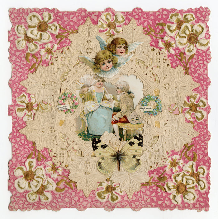 Antique, Layered Paper Doily VALENTINE'S DAY CARD, Pink and Gold Flowers