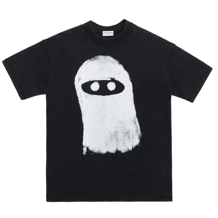 Black T-shirt featuring large white ninja eye sketch print