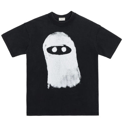 Black T-shirt featuring large white ninja eye sketch print