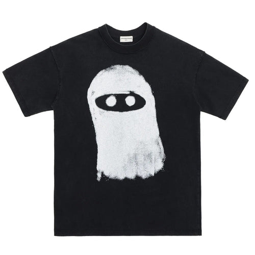 Black T-shirt featuring large white ninja eye sketch print