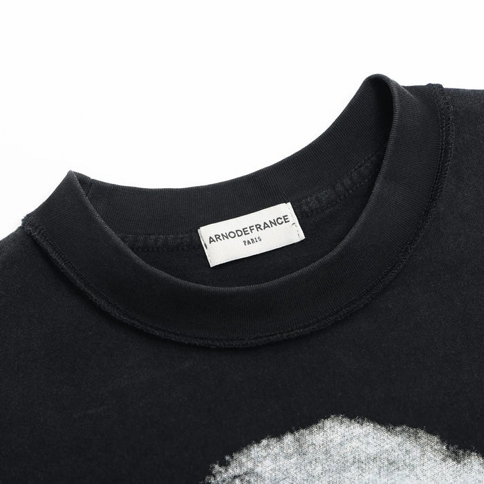 Black crew-neck T-shirt with white ninja sketch graphic at neckline