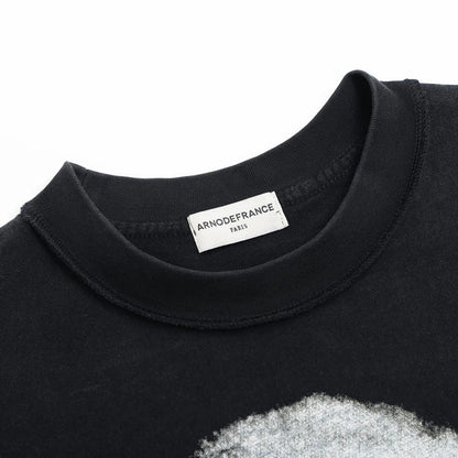 Black crew-neck T-shirt with white ninja sketch graphic at neckline