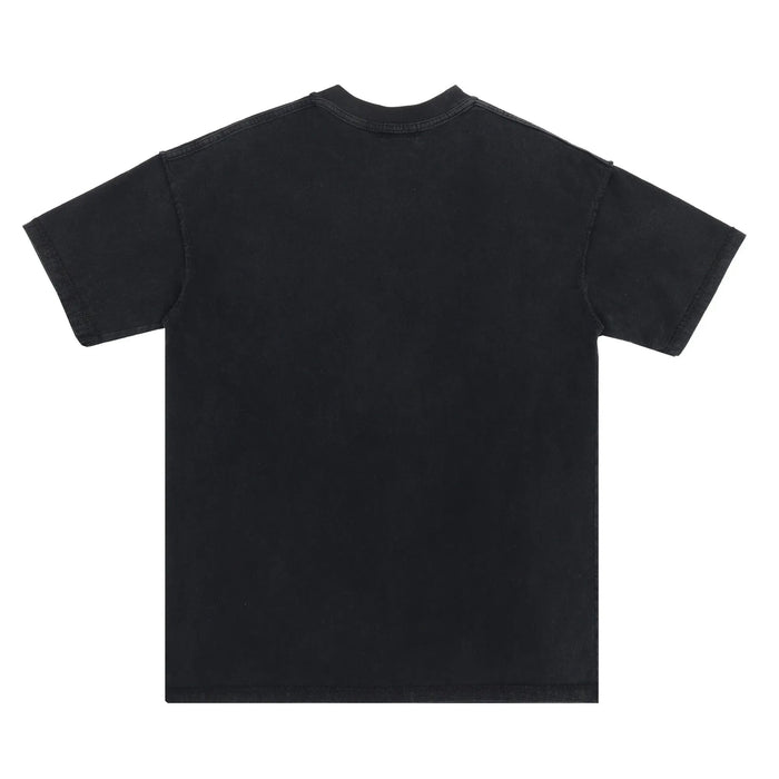 Black graphic T-shirt with ninja sketch print, short sleeves