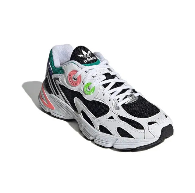 Adidas Astir sneakers, white/black with purple side stripe and green lace accents