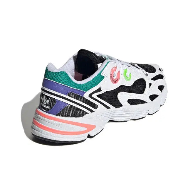 Adidas Astir sneakers, white with black heel, purple stripe, and coral midsole