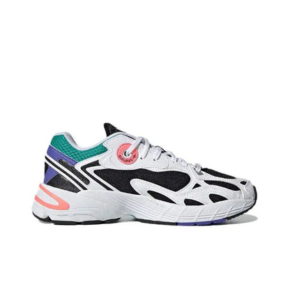 Adidas Astir sneakers, white with black panels, green collar, and coral stripe