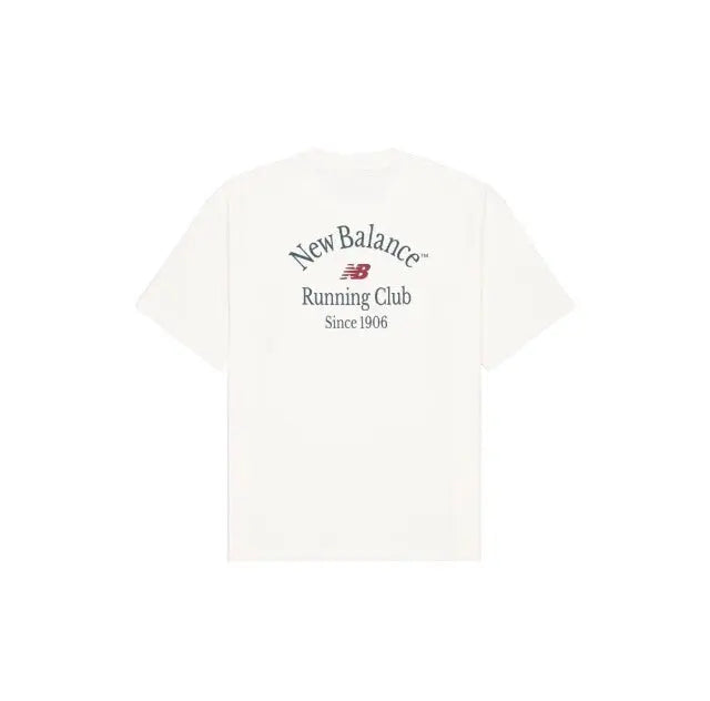 White crewneck T-shirt with Running Club graphic printed on back
