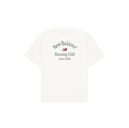 White crewneck T-shirt with Running Club graphic printed on back