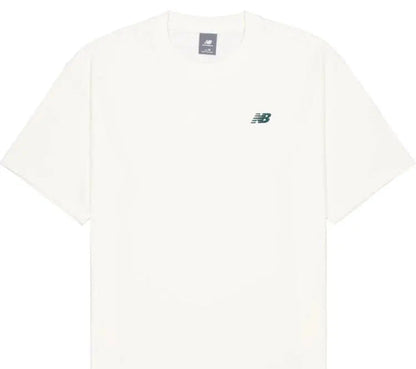 White crewneck T-shirt with small New Balance logo at right chest