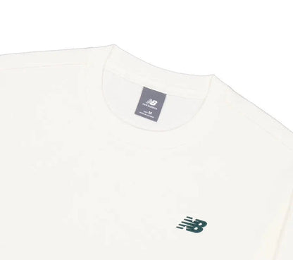 White crewneck T-shirt with collar tag and small New Balance logo